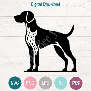 以下が含まれることがあります： 犬の白黒シルエット。おそらくジャーマン・ショートヘアード・ポインターで、胸に特徴的な斑点模様があります。画像には上部に「Digital Download」というテキストと、下部にさまざまなファイルタイプのアイコンが含まれています。