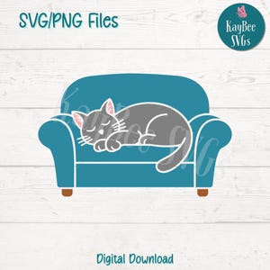 May include: A gray cat is sleeping on a teal blue couch. The couch has a white outline and brown legs.