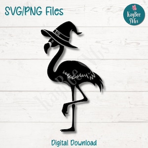 Flamant rose au chapeau de sorcière SVG | Fichiers de coupe PNG pour Cricut, Silhouette, téléchargement numérique, clipart imprimable, clipart à usage Commercial, sublimation