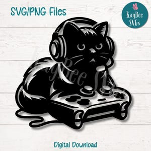 Gamer Katze SVG PNG Schnittdateien für Cricut, Silhouette digitaler Download, Lasergravur, Sublimation, kommerzielle Nutzung Clipart