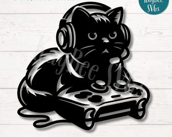 Archivos de corte SVG y PNG de gato gamer para Cricut y Silhouette (digitales)