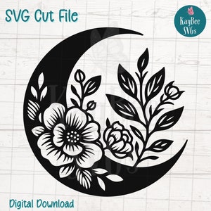 Floral Crescent Moon SVG Cut File for Cricut, Silhouette, Digital Download Printable Clipart, Commercial Use Clip Art, Laser Stencil Outline