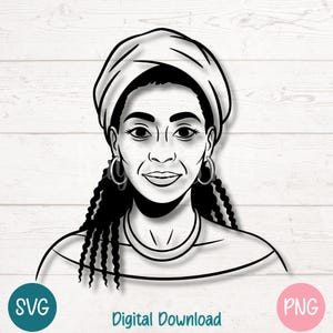 Peut inclure: Illustration en noir et blanc d'une femme portant un foulard et des boucles d'oreilles. La femme regarde directement le spectateur.
