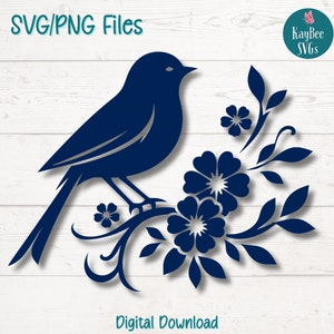 Arquivos de corte SVG PNG de pássaro azul floral para Cricut, download digital de silhueta, gravação a laser, impressão por sublimação, clipart para uso comercial