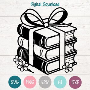 Pode incluir: Gráfico em preto e branco de uma pilha de livros amarrados com uma fita, como um presente. A imagem inclui pequenos detalhes florais e o texto "Digital Download". Abaixo estão os ícones SVG, PNG, EPS, AI e DXF.