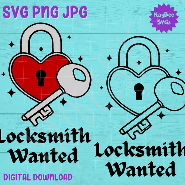 Locksmith Wanted - Heart-Shaped Lock and Key SVG PNG JPG Clipart Digital Cut File Download for Cricut Silhouette Art - Commercial Use