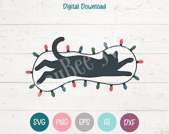 Christmas Cat with Lights SVG, PNG, Clipart (Digital)