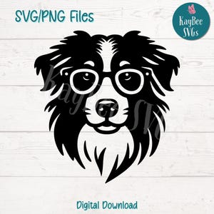 Australian Shepherd with Glasses SVG PNG Funny Dog Clipart for Pet Lover Crafts | Cut File for Cricut, Silhouette, Laser Engraving, Print