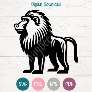 Pode incluir: Ilustração a preto e branco de um babuíno em perfil. O babuíno tem uma juba detalhada e está de pé sobre as quatro patas. A imagem inclui o texto "Digital Download" e ícones de tipo de ficheiro.