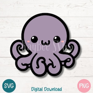 Kawaii Octopus SVG PNG Cute Purple Cartoon Sea Animal Clipart | Pliki do cięcia dla Cricut, sylwetka, sublimacja, grawerowanie laserowe, do druku