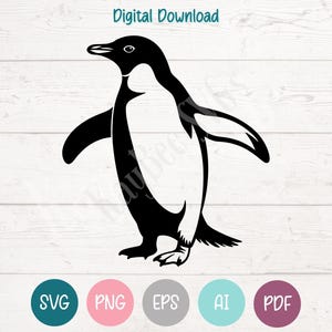 Peut inclure: Illustration en noir et blanc d'un manchot avec les ailes déployées. Le texte « Téléchargement numérique » est en haut. L'image comprend des icônes de type de fichier pour SVG, PNG, EPS, AI et PDF.
