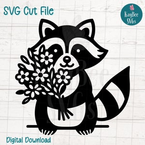 Raton laveur tenant des fleurs SVG PNG coupés fichiers pour Cricut, téléchargement numérique silhouette, gravure laser, impression par sublimation, usage Commercial