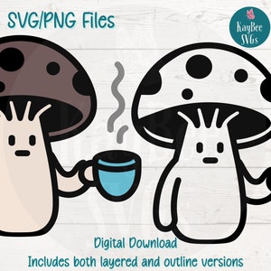 Cogumelo bebendo café SVG | Arquivos de corte PNG para Cricut, Silhouette, Download digital, Clipart para impressão, Clipart para uso comercial
