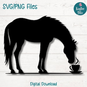 Cheval buvant du café PNG SVG Clipart drôle d'animal pour les amateurs de chevaux et l'artisanat de caféine | Fichier de coupe pour Cricut, Silhouette, gravure laser