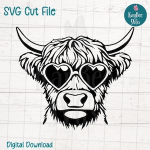 Vaca das Terras Altas com Óculos em Forma de Coração SVG PNG Arquivos de Corte para Cricut, Download Digital Silhouette, Gravação a Laser, Sublimação Imprimível