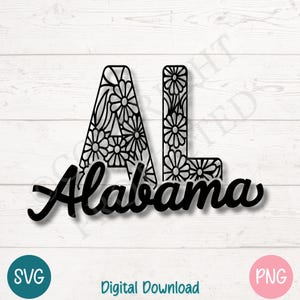 Alabama SVG PNG Floral « AL » lettres majuscules avec police de caractères ludique | Fichiers de découpe pour Cricut, Silhouette, sublimation, gravure laser