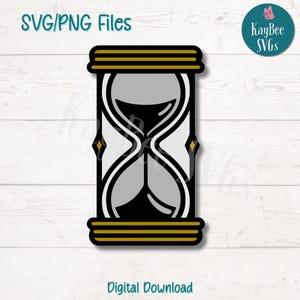 Op de afbeelding: Een zwart-gouden zandloper met wit zand erin. De zandloper is een digitaal bestand.