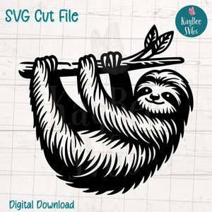 Hanging Sloth SVG PNG Cut Files for Cricut, Silhouette Digital Download, Laser Engraving, Sublimation Printable, Commercial Use Clipart
