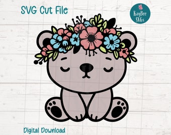 Bear Wearing Flower Crown SVG Cut File for Cricut, Silhouette, Digital Download, Printable Clipart, Commercial Use, Clip Art, Laser Stencil