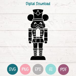 May include: Black and white digital download of a mouse nutcracker. The mouse nutcracker is wearing a hat and uniform. The words "Digital Download" are at the top. Below are the icons for SVG, PNG, EPS, AI, and PDF.