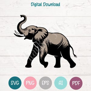 May include: A digital download graphic of an elephant in a walking pose. The elephant is primarily black with a tan body and white tusks. The image includes the text "Digital Download" at the top and SVG, PNG, EPS, AI, and PDF icons at the bottom.