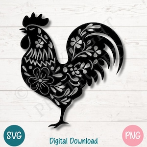 Floral coq SVG PNG Farmhouse poulet Clipart pour décor de ferme rustique | Fichiers de découpe pour Cricut, Silhouette, gravure laser, sublimation
