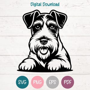 May include: Black and white Schnauzer dog illustration. The dog is depicted in a sitting position, with its paws extended. The image has a clean, graphic design style. The words "Digital Download" are at the top. Below are the file type options: SVG, PNG, EPS, and PDF.