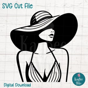 May include: Black and white silhouette of a person wearing a large brimmed hat and a swimsuit. The person is looking to the right.