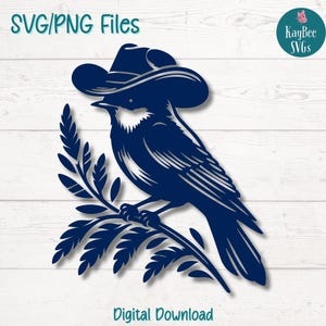 Arquivos de corte SVG PNG de pássaro azul de cowboy para Cricut, download digital de silhueta, gravação a laser, impressão por sublimação, clipart para uso comercial