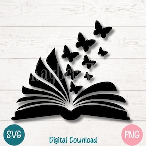 Buch mit Schmetterlingen SVG PNG, Open Pages Silhouette Clipart für Leser, Lehrer und inspirierende Geschenke | Schnitt Dateien für Cricut, Laser