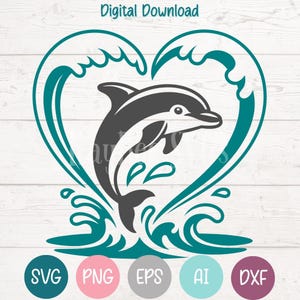 Delfin in der Herzwelle SVG PNG Schnittdateien für Cricut, Silhouette digitaler Download, Lasergravur, Sublimationsdruck, kommerzielle Nutzung