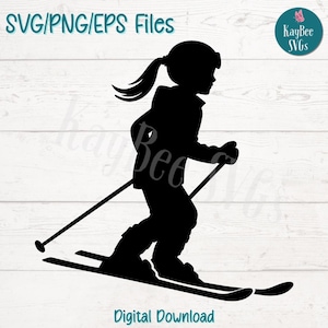 Archivos de corte SVG, PNG y EPS de esquiadora para Cricut, descarga digital, grabado láser, sublimación, imágenes prediseñadas imprimibles, imágenes prediseñadas para uso comercial.