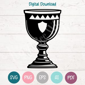 May include: Black and white digital download of a chalice with a shield design. The chalice has a decorative rim with triangles and a detailed base. The words "Digital Download" are at the top.