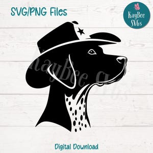 May include: Black and white silhouette of a dog wearing a cowboy hat with a star on it. The dog is looking to the right. The image is on a woodgrain background.