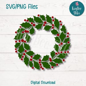 Holly Wreath SVG PNG Cut Files for Cricut, Silhouette Digital Download, Laser Engraving, Sublimation Printable, Commercial Use Clipart