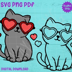 Chat de la Saint-Valentin, portant des lunettes en forme de coeur SVG PNG PDF fichier numérique coupe téléchargement pour Cricut Silhouette Art - usage Commercial