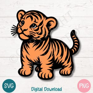Joli bébé tigre SVG PNG Clipart pour loisirs créatifs sur le thème de Safari et de la jungle, Cricut, Silhouette, téléchargement numérique, Clipart imprimable, usage Commercial