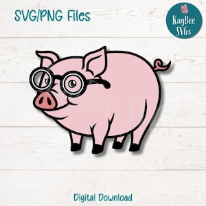 Schwein mit Brille SVG PNG Schnitt Dateien für Cricut, Silhouette digitaler Download, Lasergravur, Sublimation druckbar, kommerzielle Nutzung Clipart