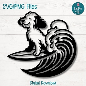 Pliki Doodle Dog Surfing Wave SVG PNG do cięcia dla Cricut, sylwetka do pobrania cyfrowego, grawerowanie laserowe, druk sublimacyjny, zastosowanie komercyjne