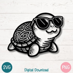 Tortuga genial SVG PNG con gafas de sol, arte lineal para divertidas manualidades de reptiles y decoración de verano / Archivo de corte para Cricut, Silhouette, grabado láser