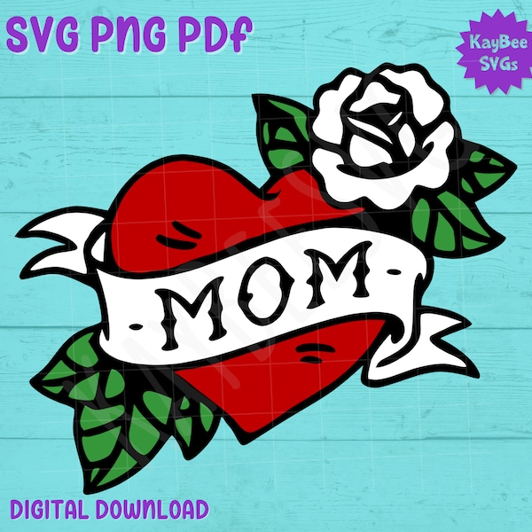 Mom Heart Tattoo SVG PNG PDF Clipart Digital Cut File Download for Cricut Silhouette Sublimation Printable Art - Commercial Use