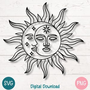 Boho Sun and Moon SVG PNG, Celestial Face Clipart, Mystical Astrology Art, Sun Moon Spiritual Sublimation | Cut Files for Cricut, Silhouette