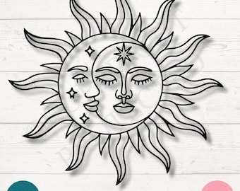 Boho Sun and Moon Celestial Face Clipart, SVG PNG (Digital)