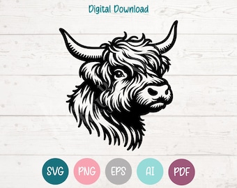 Highland Cow SVG PNG Clipart Cut Files for Cricut, Silhouette, Laser Engraving, Sublimation (Digital)