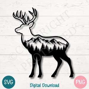 Silueta de alce SVG PNG, clipart de vida silvestre en la montaña, escena de naturaleza al aire libre de caza, archivo de corte para Cricut, silueta, grabado láser Glowforge