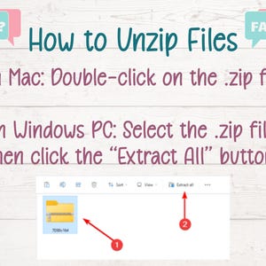 May include: A guide on how to unzip files. The text reads "How to Unzip Files" with instructions for Mac and Windows PC. A screenshot shows a zipped folder and the "Extract All" button.