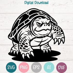 May include: A black and white illustration of a sea turtle with an angry expression. The turtle is depicted with detailed lines, showcasing its shell, flippers, and face. The words "Digital Download" are at the top. Below are the file type abbreviations: SVG, PNG, EPS, AI, and DXF.