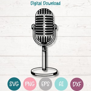 Mikrofon SVG PNG Schnittdatei für Cricut, Silhouette digitaler Download, Lasergravur, Sublimationsdruck, kommerzielle Nutzung Clipart