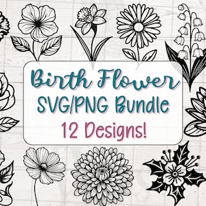 Bundle de naissance fleurs SVG PNG pour Cricut, Silhouette, téléchargement numérique, clipart imprimable, clipart à usage commercial, sublimation - 12 modèles