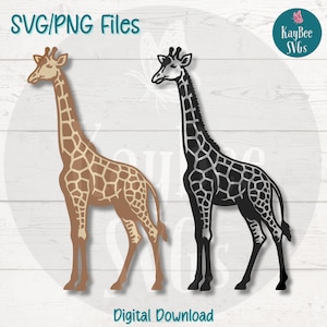May include: Two giraffe silhouettes, one brown and one black, are shown against a white woodgrain background. The text "SVG/PNG Files" is at the top of the image. The text "Digital Download" is at the bottom of the image.